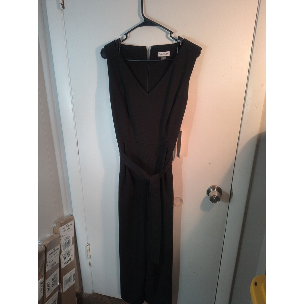 Calvin Klein V Neck Belted Wide Leg Jumpsuit Black Sleeveless NWT Size 12